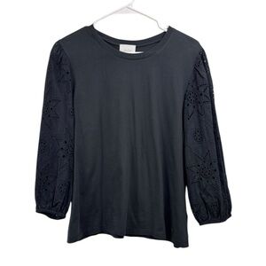 Jade by Johnny Was Size Large Black Eyelet Puff Sleeve Top Dark Romantic